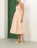 ZIMMERMANN Natura Ruched Midi Dress in Light Peach
