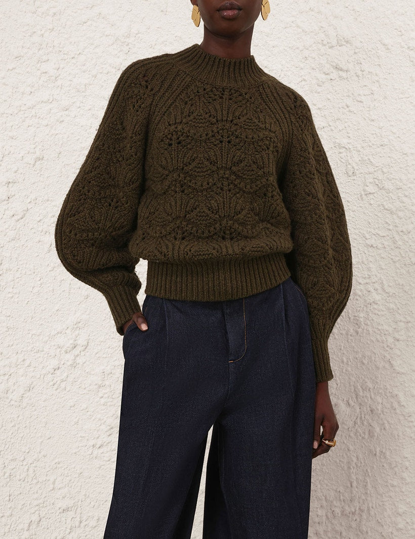 ZIMMERMANN Hypnotic Cable Knit Sweater – Olive