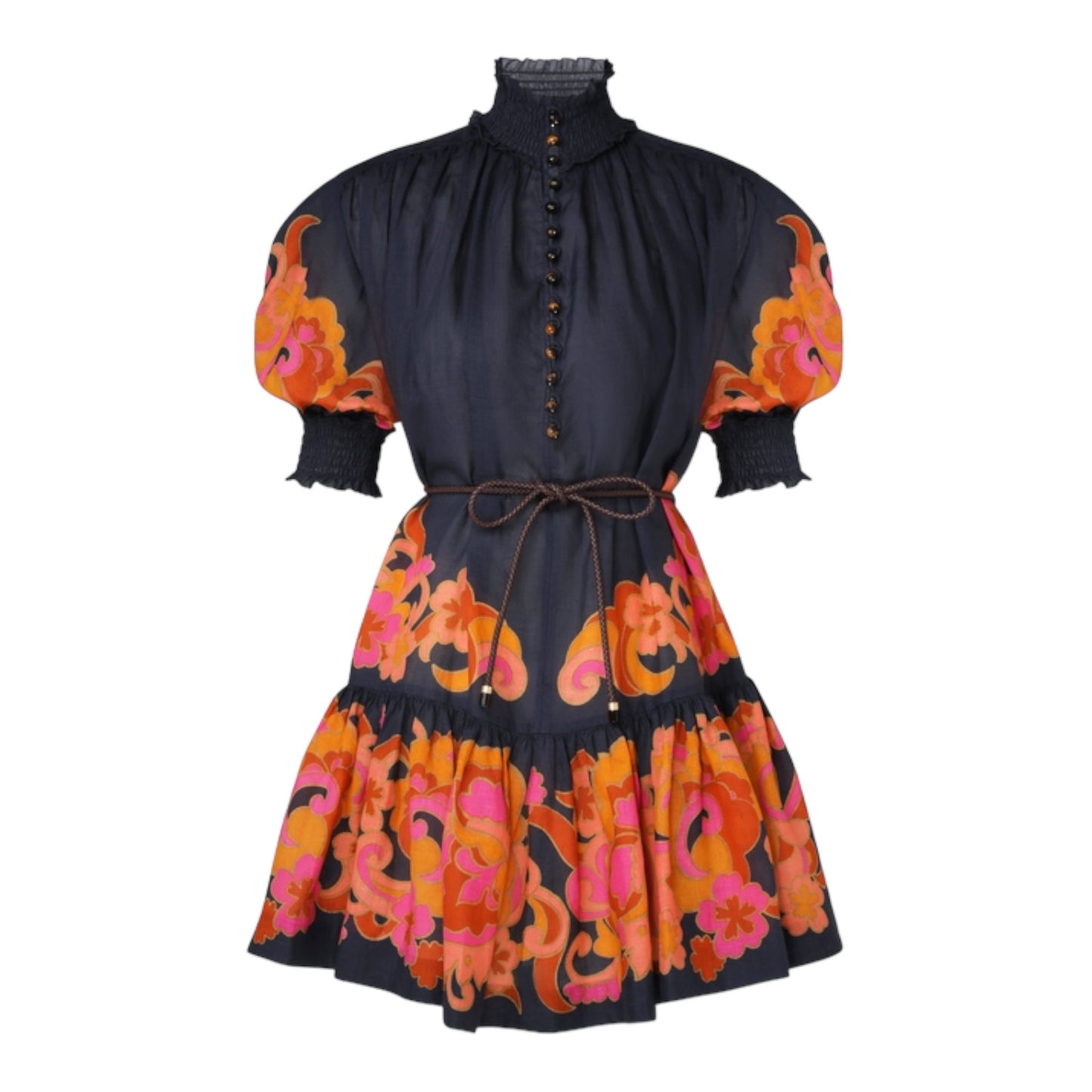 ZIMMERMANN Acadian Lantern Mini Dress in Navy Paisley