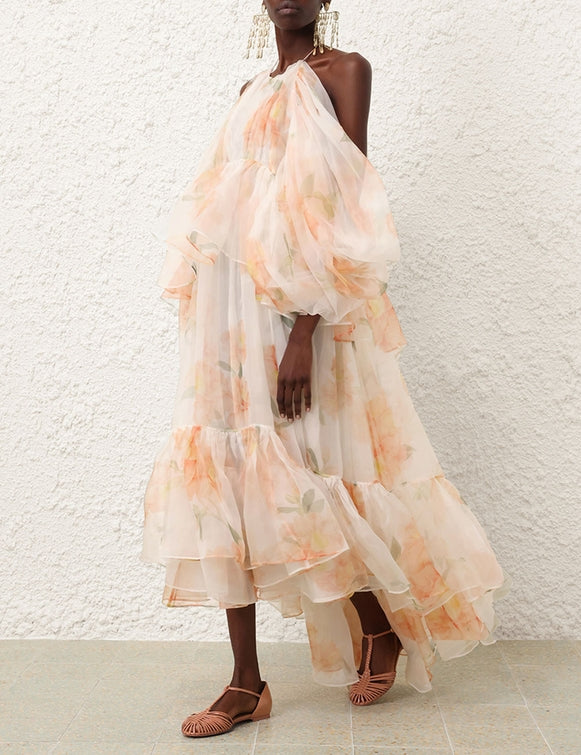 ZIMMERMANN Natura Gathered Midi Dress in Ivory Camellia