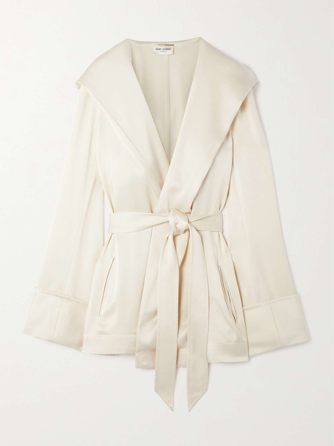 SAINT LAURENT Belted hooded satin-crepe jacket