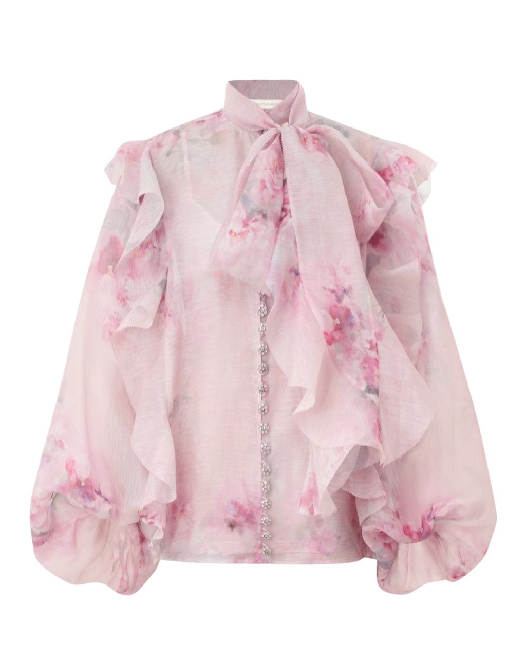 ZIMMERMANN
Crush Tie Neck Ruffle Blouse – Pink Floral