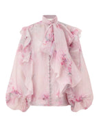 ZIMMERMANN
Crush Tie Neck Ruffle Blouse – Pink Floral