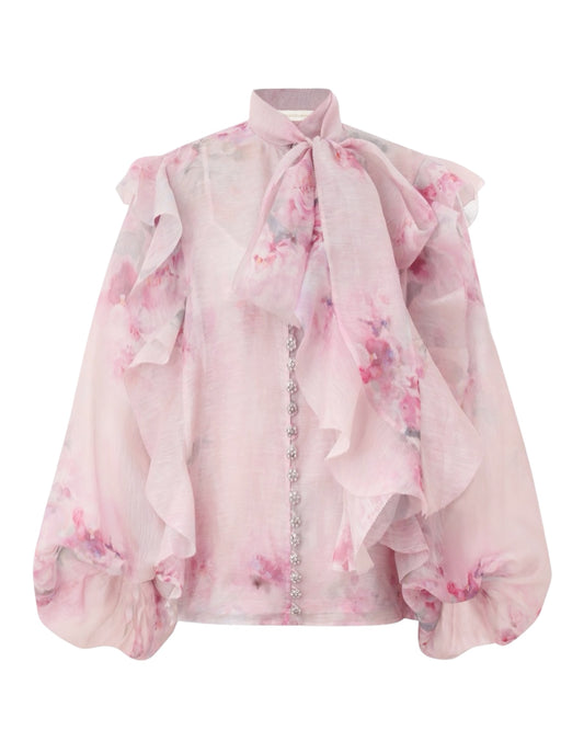 ZIMMERMANN




Crush Tie Neck Ruffle Blouse – Pink Floral