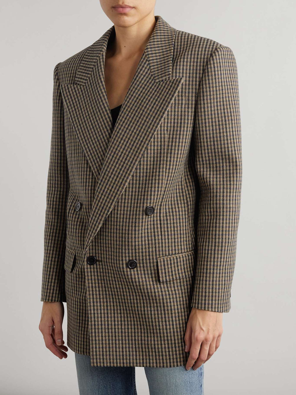 SAINT LAURENT Double-Breasted Checked Wool-Blend Blazer – Beige