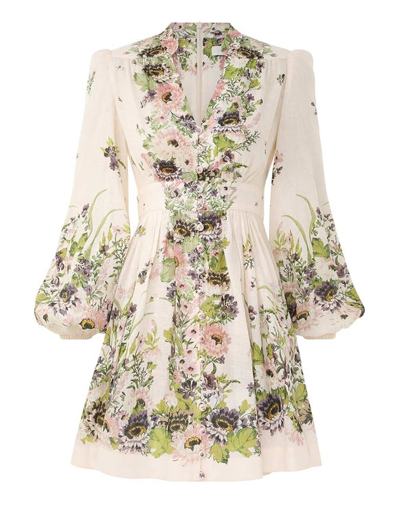 ZIMMERMANN Halliday Plunge Mini Dress in Cream Multi Floral