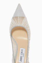 JIMMY CHOOSE Love 65
Metallic Silver Glitter Fabric Pumps with Ivory Tulle Overlay