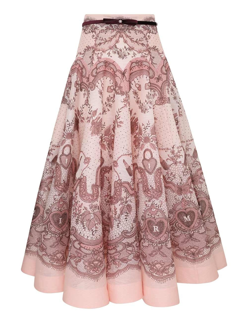 ZIMMERMANN
Crush Flared Midi Skirt – Pink Lace Print