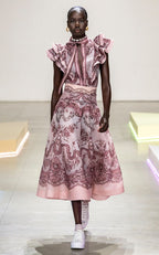 ZIMMERMANN
Crush Flared Midi Skirt – Pink Lace Print