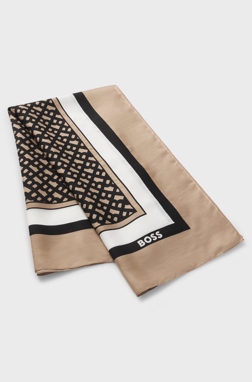BOSS Silk - Twill Scarf with seasonal print beige patterned