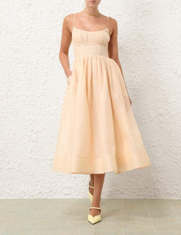 ZIMMERMANN Natura Ruched Midi Dress in Light Peach