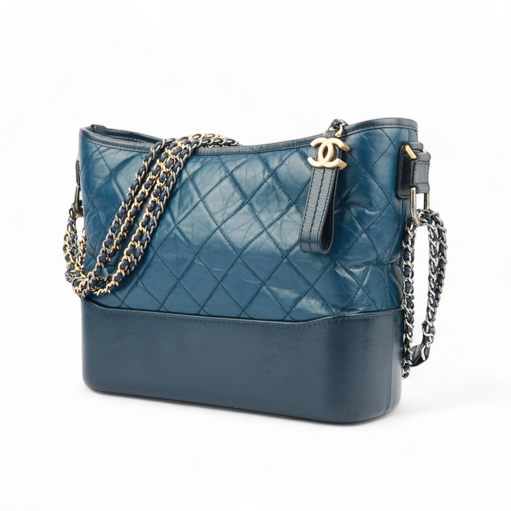 CHANEL Patent Goatskin Quilted Medium Gabrielle Hobo Blue