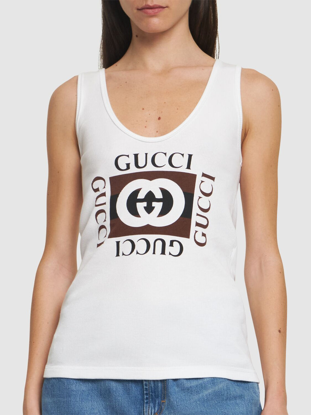 GUCCI RIB COTTON TANK TOP WITH GUCCI PRINT