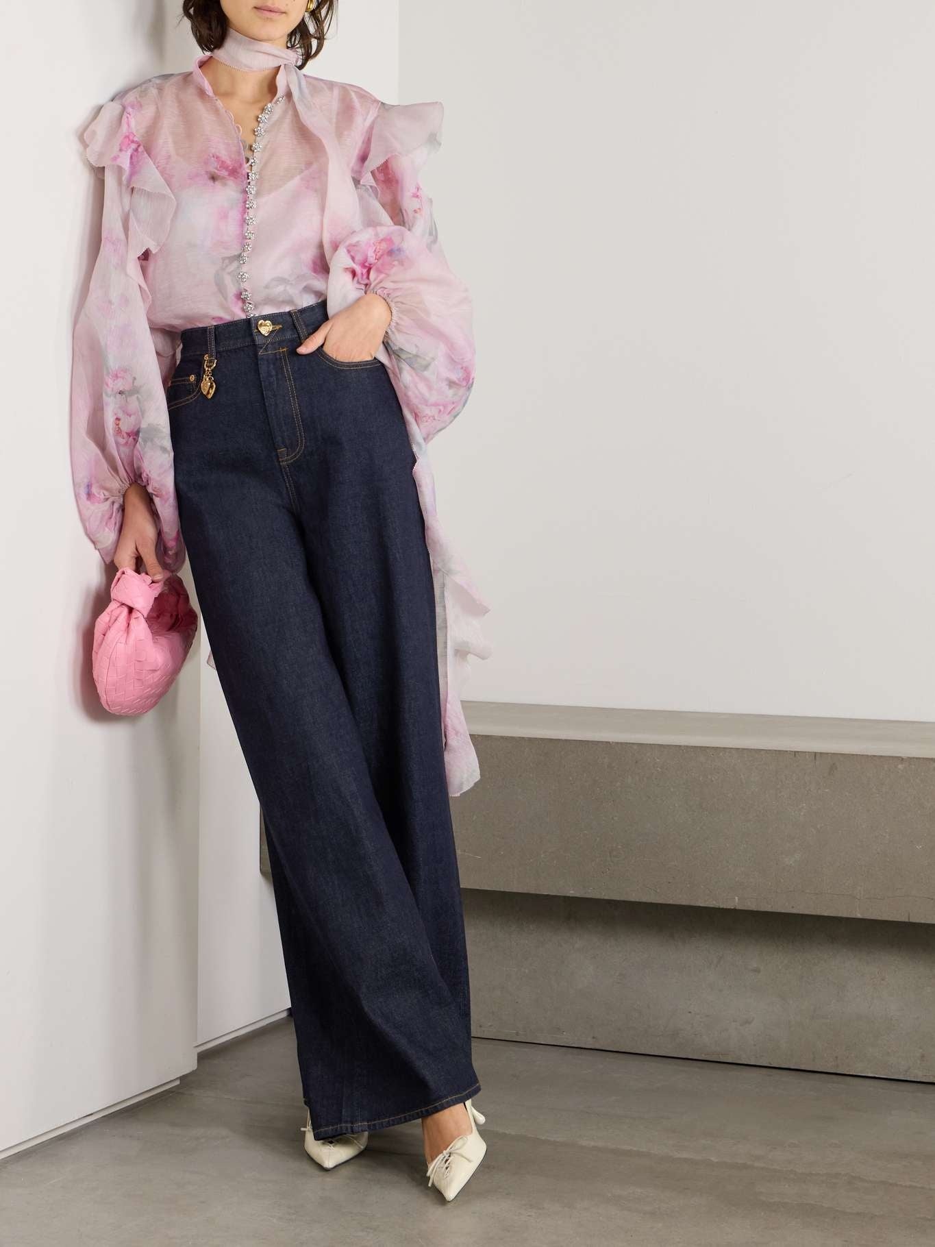 ZIMMERMANN
Crush Tie Neck Ruffle Blouse – Pink Floral