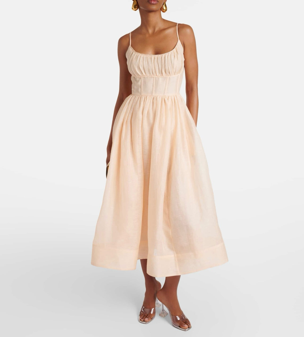 ZIMMERMANN Natura Ruched Midi Dress in Light Peach