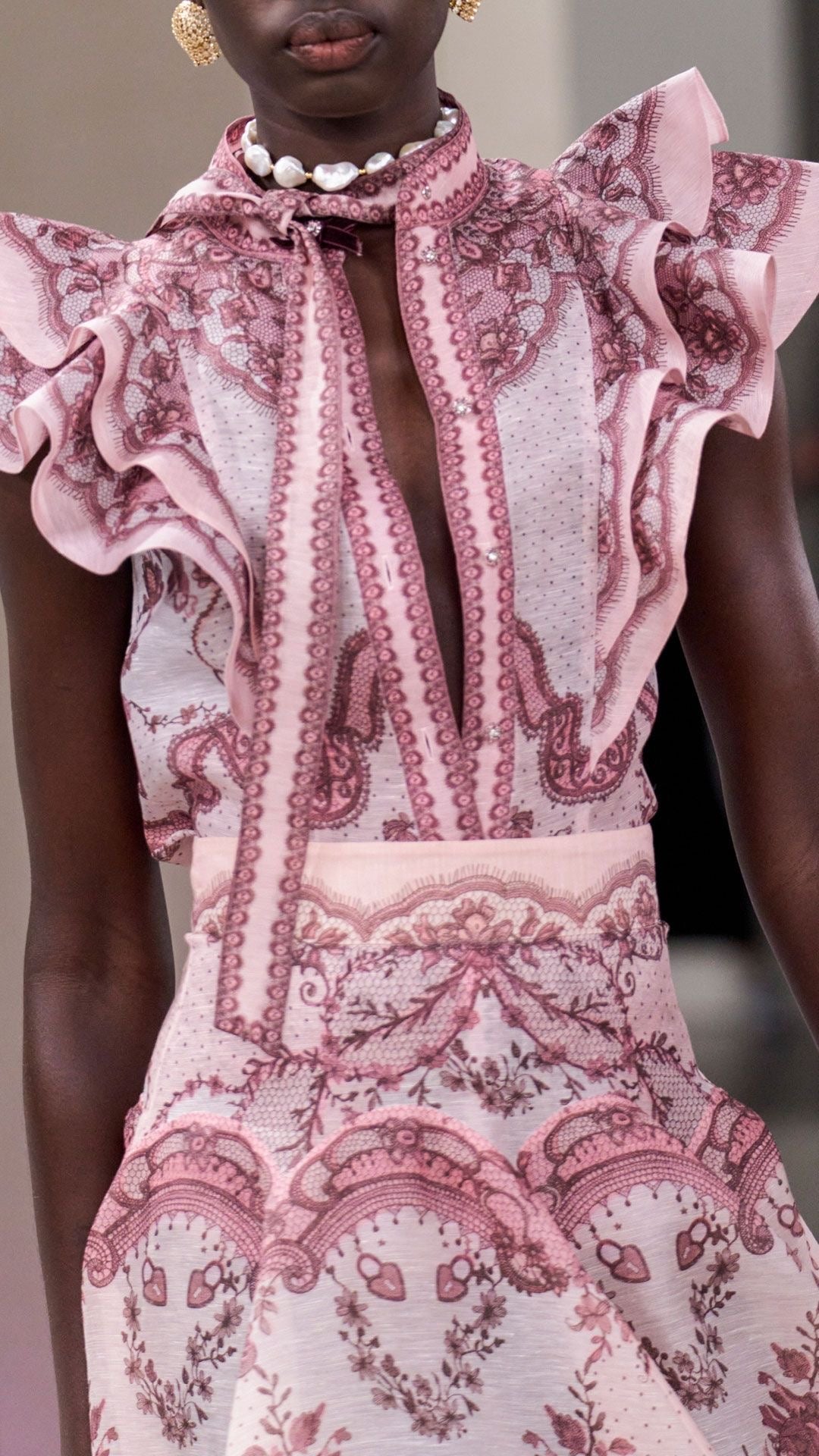 ZIMMERMANN
Crush Frilled Fitted Blouse – Pink Lace Print