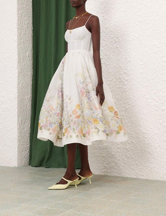 ZIMMERMANN Natura Ruched Midi Dress in Ivory