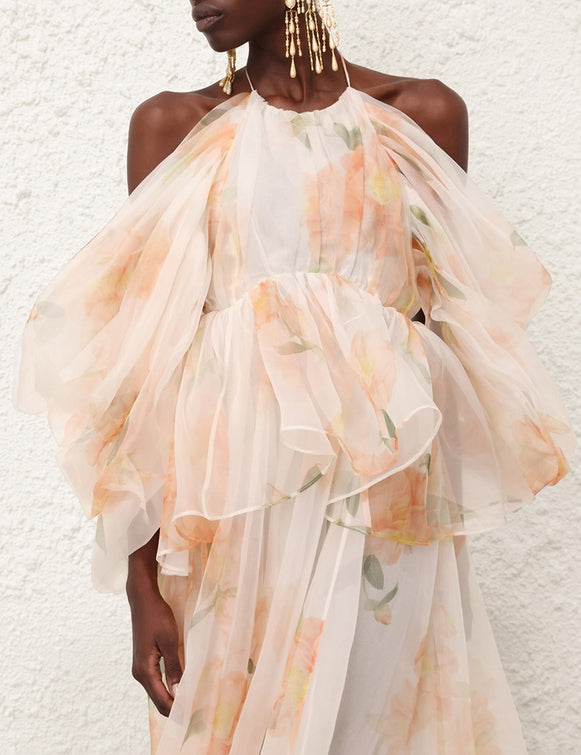 ZIMMERMANN Natura Gathered Midi Dress in Ivory Camellia