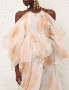 ZIMMERMANN Natura Gathered Midi Dress in Ivory Camellia