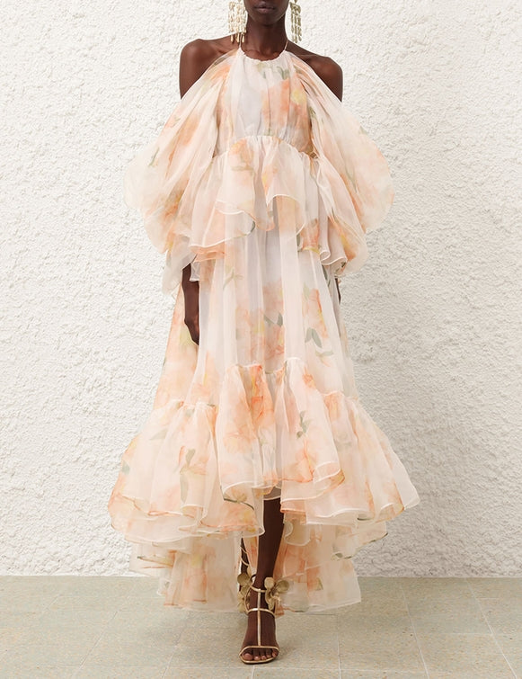 ZIMMERMANN Natura Gathered Midi Dress in Ivory Camellia