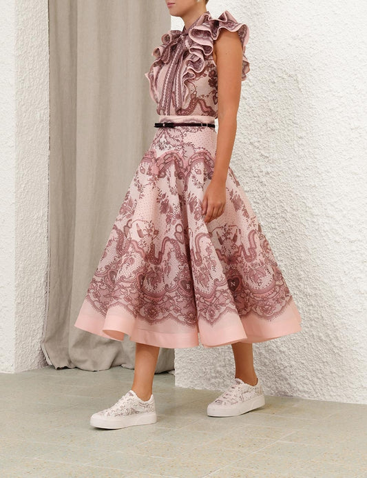 ZIMMERMANN



Crush Flared Midi Skirt – Pink Lace Print
