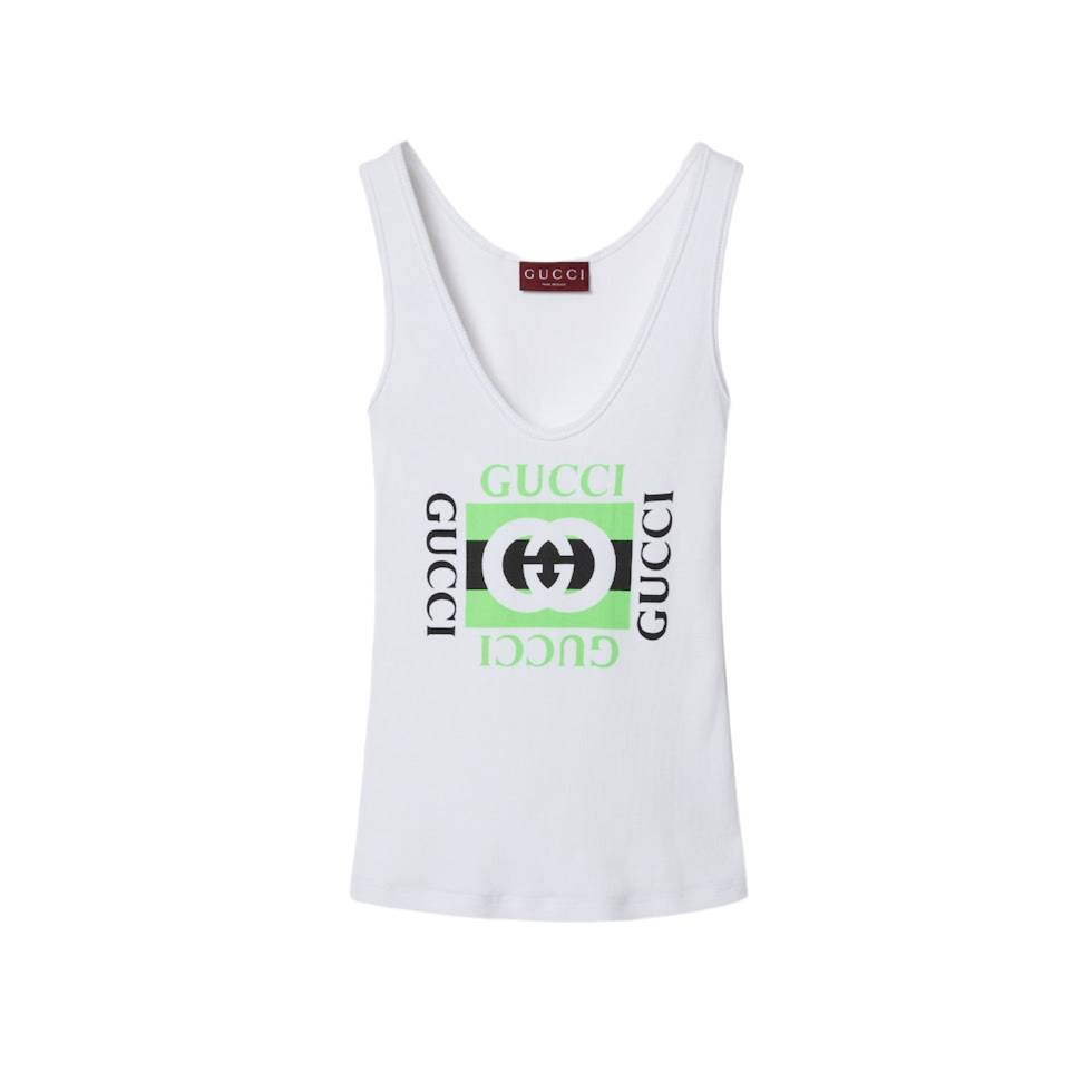GUCCI RIB COTTON TANK TOP WITH GUCCI PRINT
