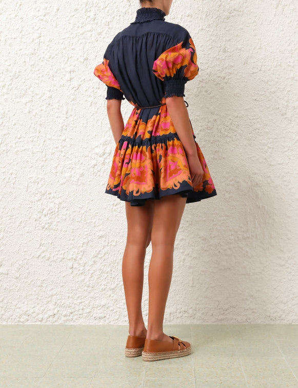 ZIMMERMANN Acadian Lantern Mini Dress in Navy Paisley