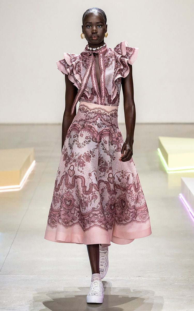 ZIMMERMANN
Crush Frilled Fitted Blouse – Pink Lace Print