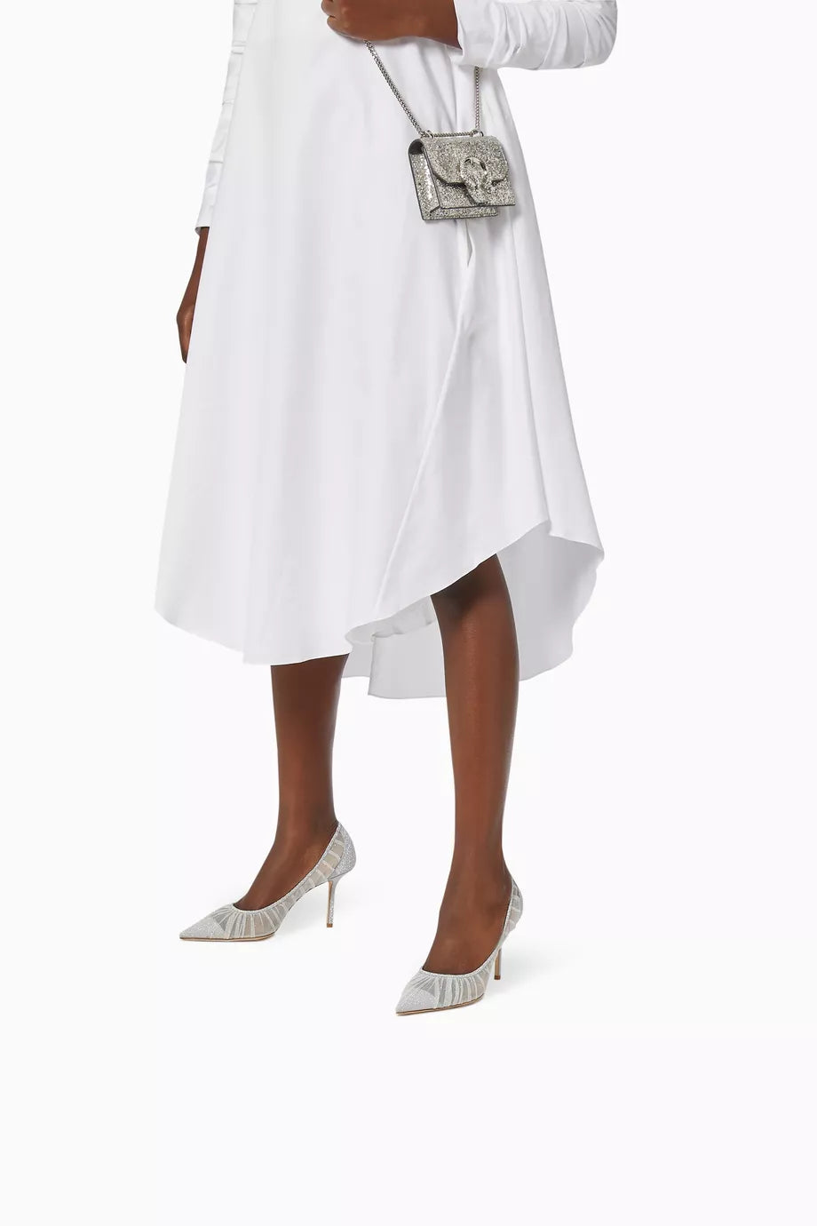 JIMMY CHOOSE Love 65
Metallic Silver Glitter Fabric Pumps with Ivory Tulle Overlay