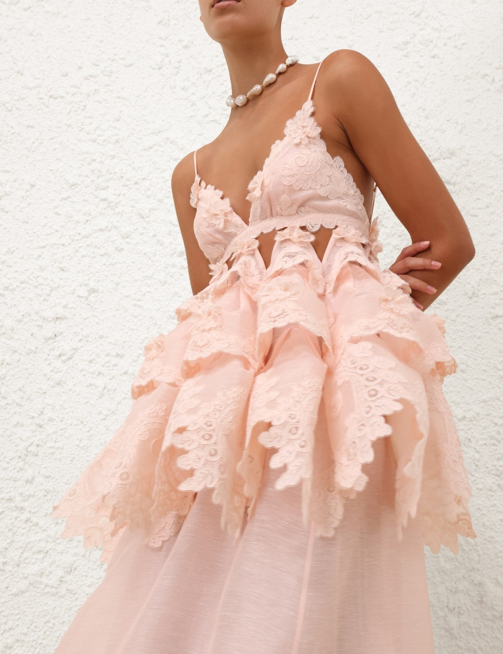 ZIMMERMANN
Crush Tiered Lace Maxi Dress – Pale Pink