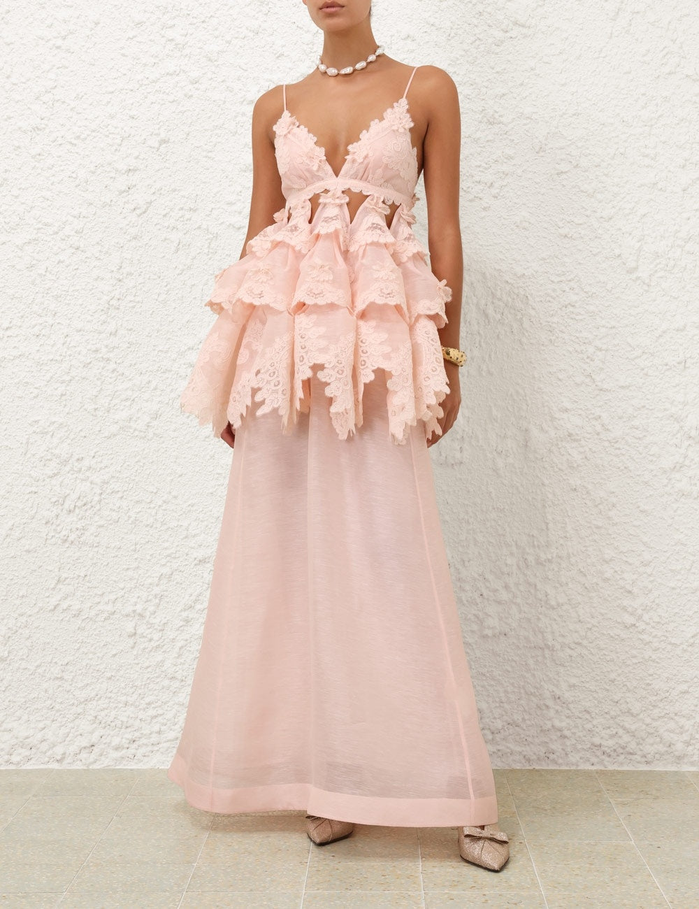ZIMMERMANN
Crush Tiered Lace Maxi Dress – Pale Pink