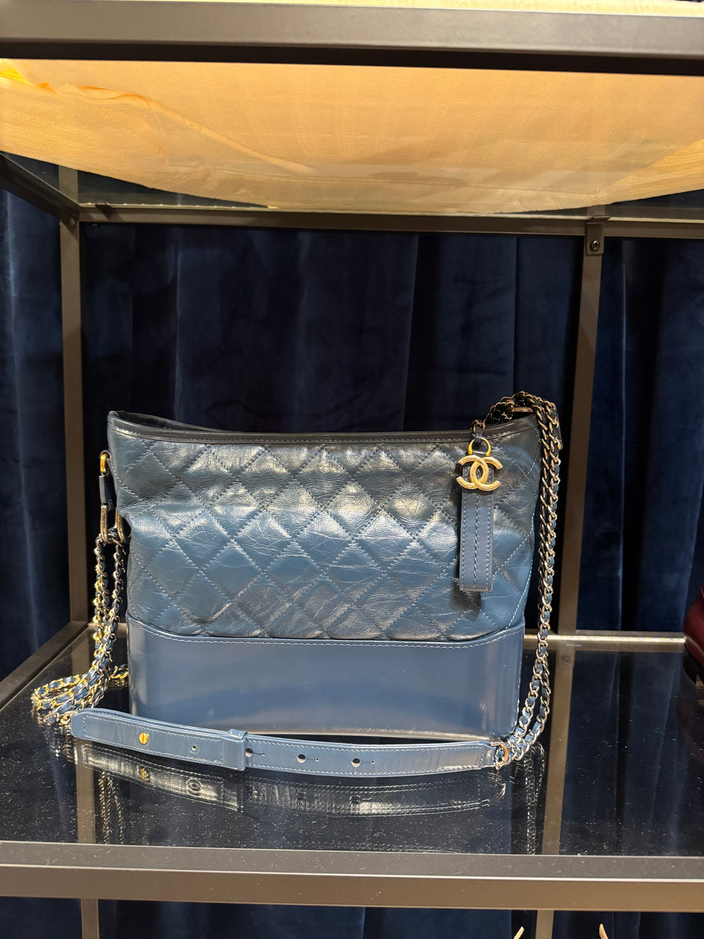 CHANEL Patent Goatskin Quilted Medium Gabrielle Hobo Blue