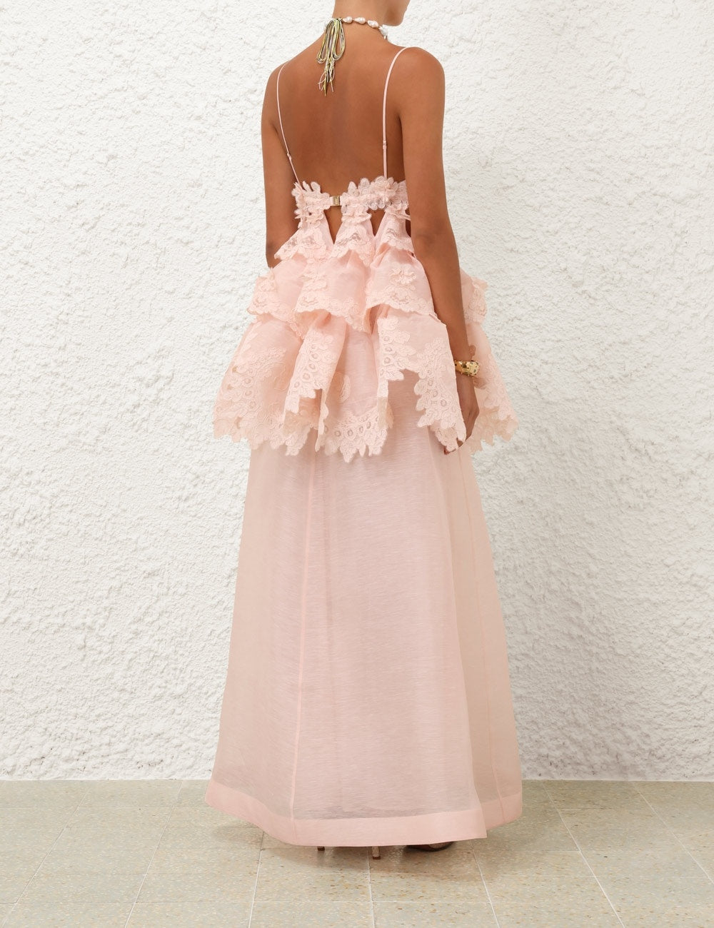 ZIMMERMANN
Crush Tiered Lace Maxi Dress – Pale Pink