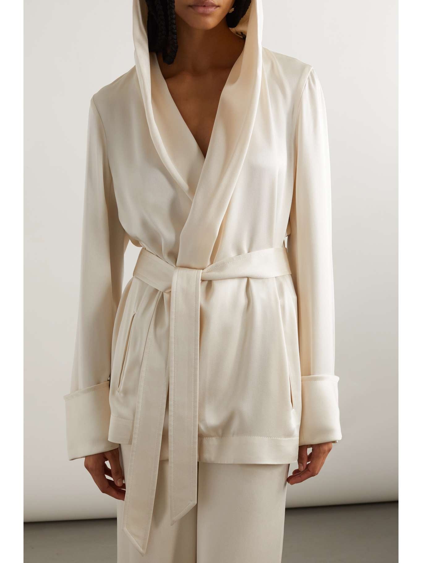 SAINT LAURENT Belted hooded satin-crepe jacket