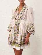 ZIMMERMANN Halliday Plunge Mini Dress in Cream Multi Floral