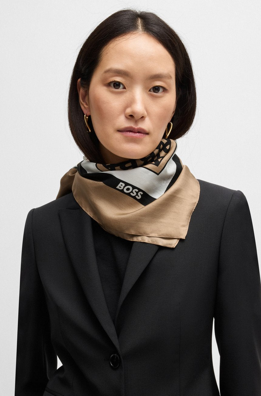 BOSS Silk - Twill Scarf with seasonal print beige patterned