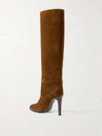 SAINT LAURENT Diane Logo-Embellished Suede Knee Boots – Dark Brown