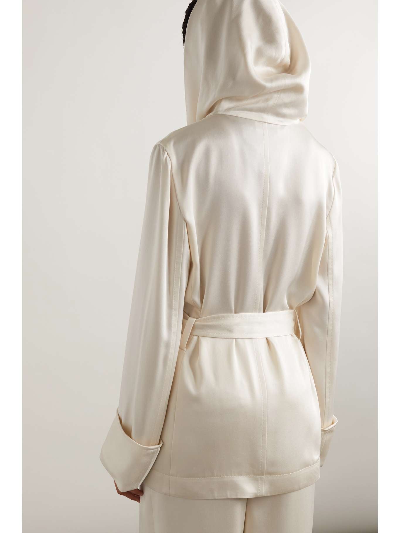 SAINT LAURENT Belted hooded satin-crepe jacket