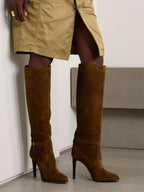 SAINT LAURENT Diane Logo-Embellished Suede Knee Boots – Dark Brown