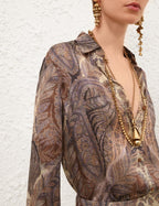 Zimmermann Hypnotic Satin Shirt — Denim Paisley