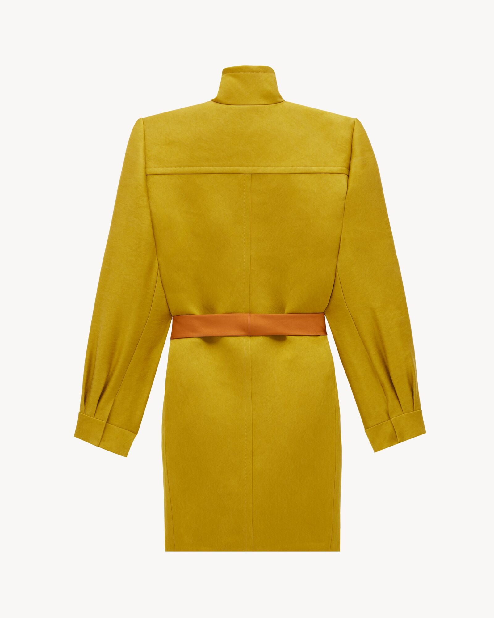 SAINT LAURENT Stonewashed Silk Satin Belted Coat – Moutarde