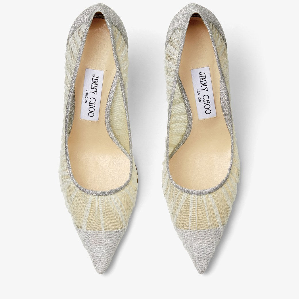 JIMMY CHOOSE Love 65
Metallic Silver Glitter Fabric Pumps with Ivory Tulle Overlay