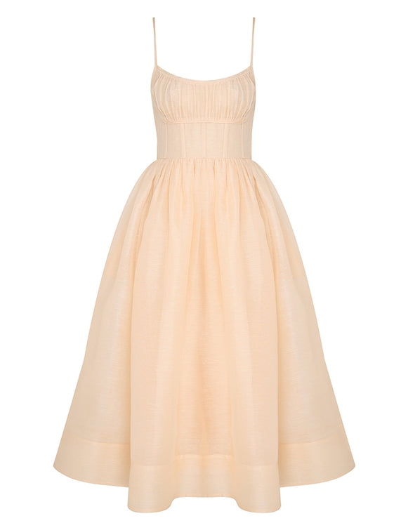 ZIMMERMANN Natura Ruched Midi Dress in Light Peach