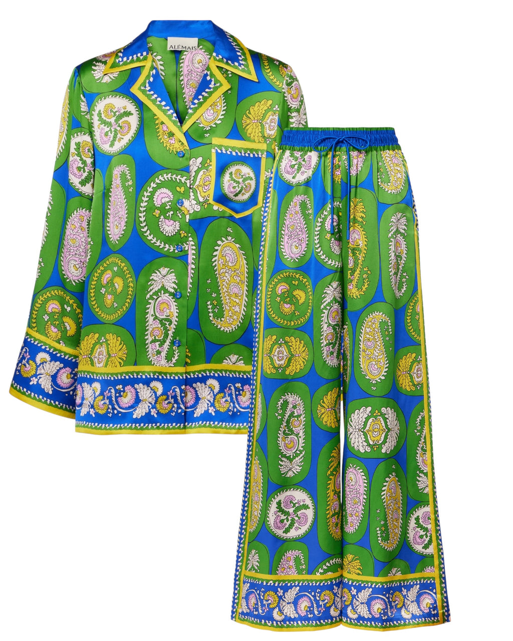 0108 ALÉMAIS

Printed Silk Satin Blouse & Wide-Leg Pants Set