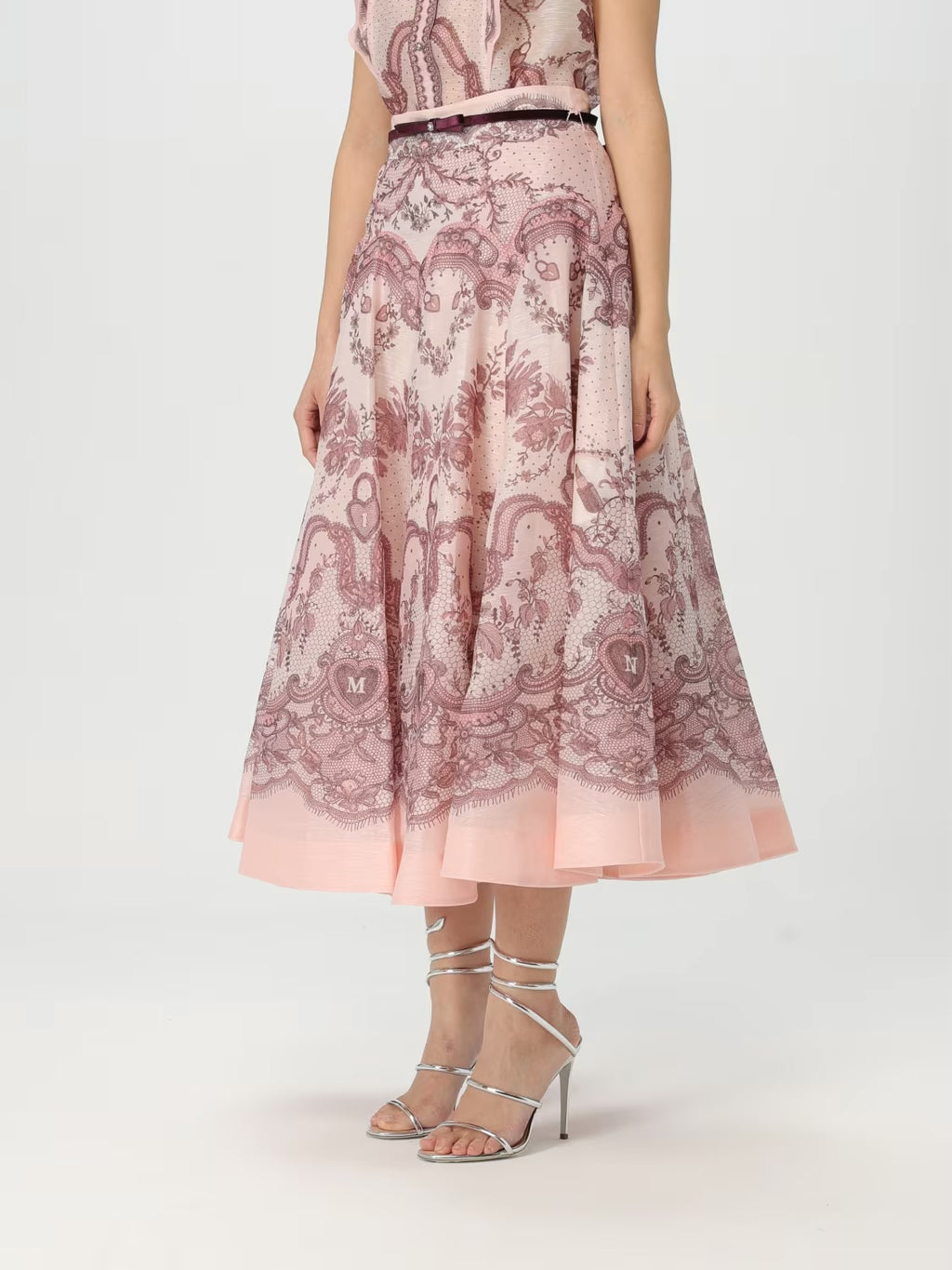 ZIMMERMANN
Crush Flared Midi Skirt – Pink Lace Print