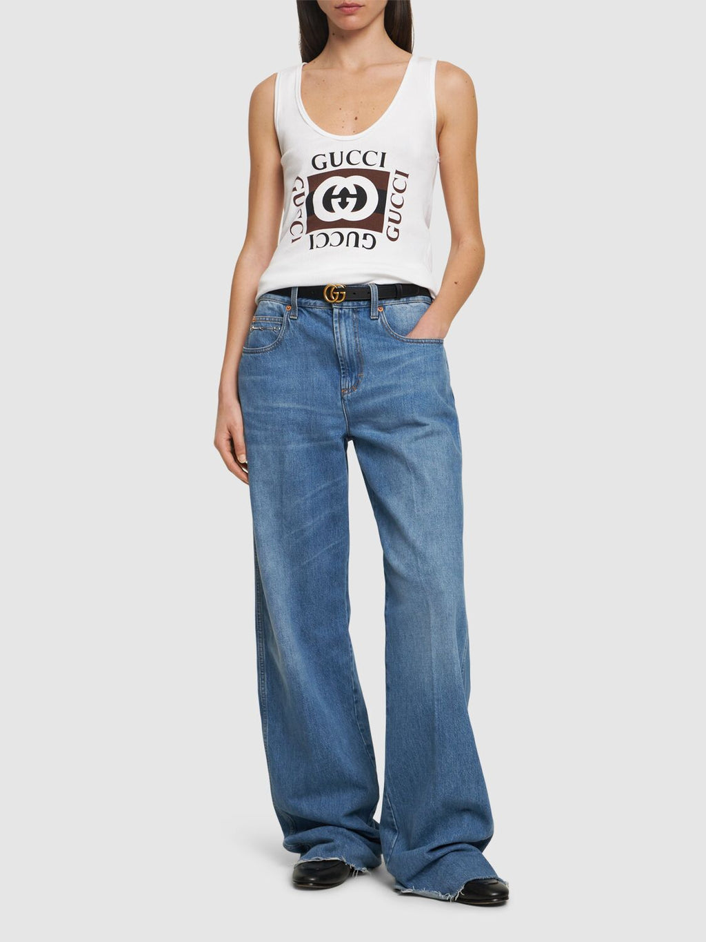 GUCCI RIB COTTON TANK TOP WITH GUCCI PRINT