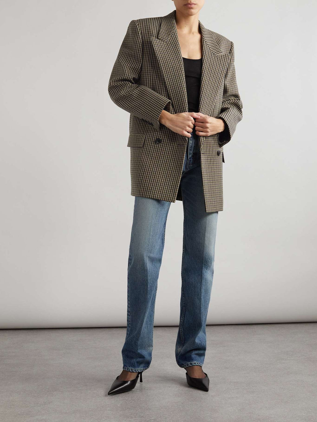 SAINT LAURENT Double-Breasted Checked Wool-Blend Blazer – Beige