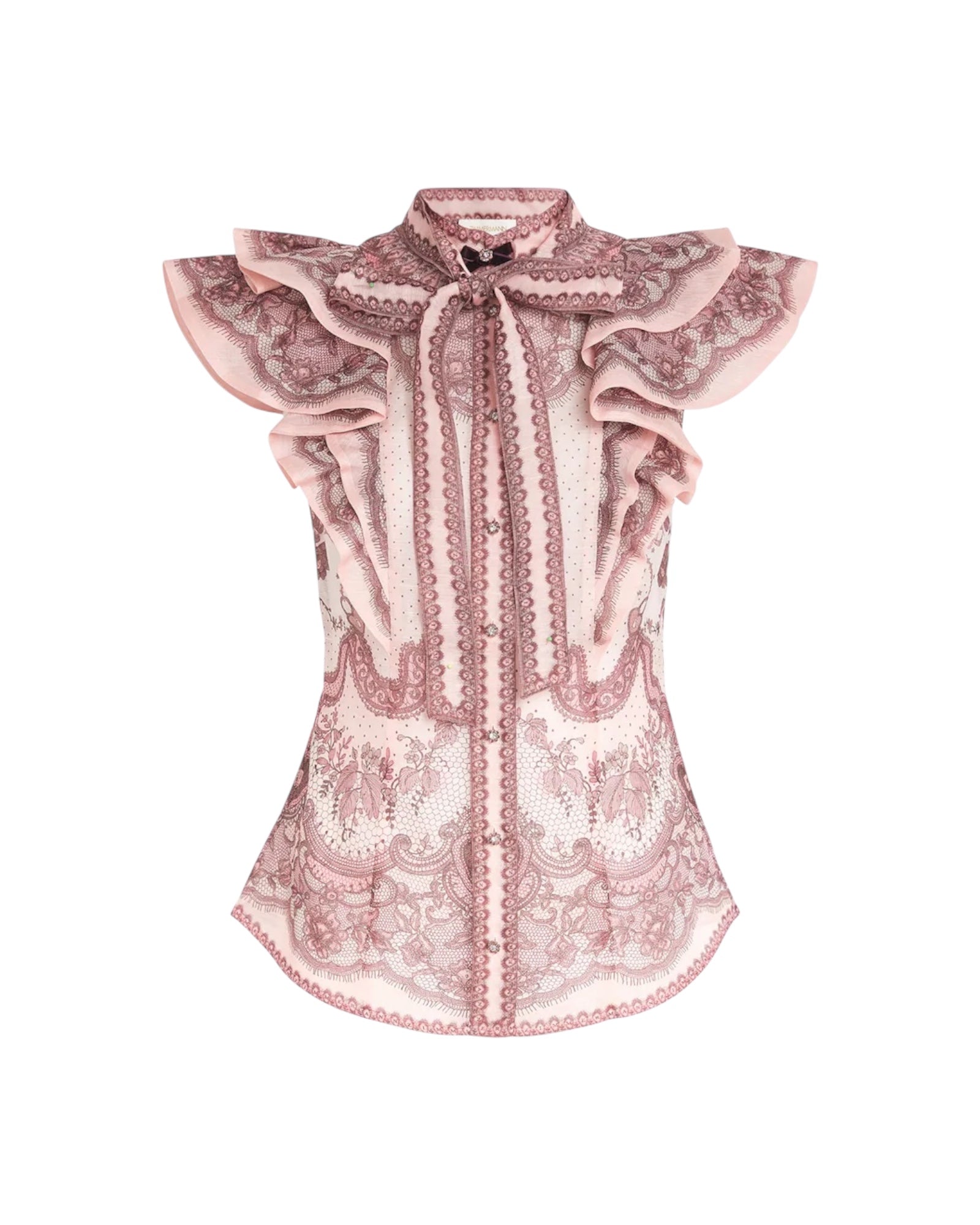 ZIMMERMANN
Crush Frilled Fitted Blouse – Pink Lace Print