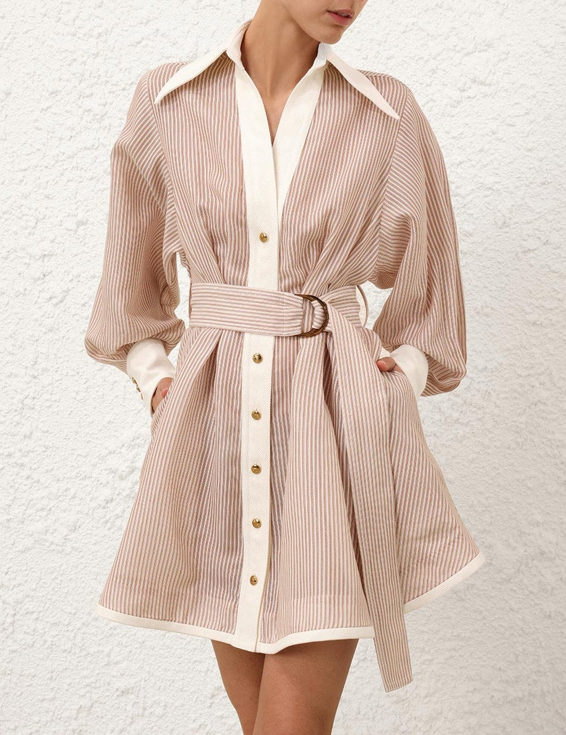 ZIMMERMANN Hypnotic Tuck Mini Dress – Tan Stripe
