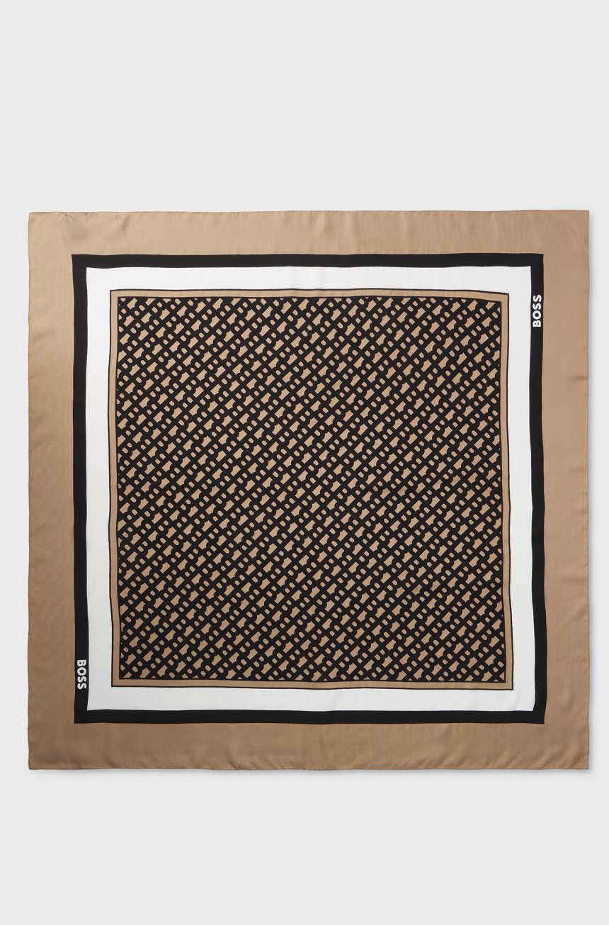BOSS Silk - Twill Scarf with seasonal print beige patterned
